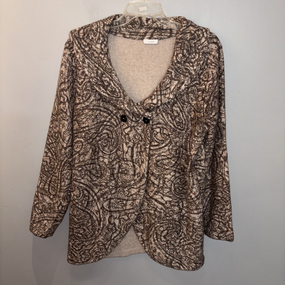 Pure Jill  Curved Brown Front Two Button Cardigan Knit Neutral Women's L Office